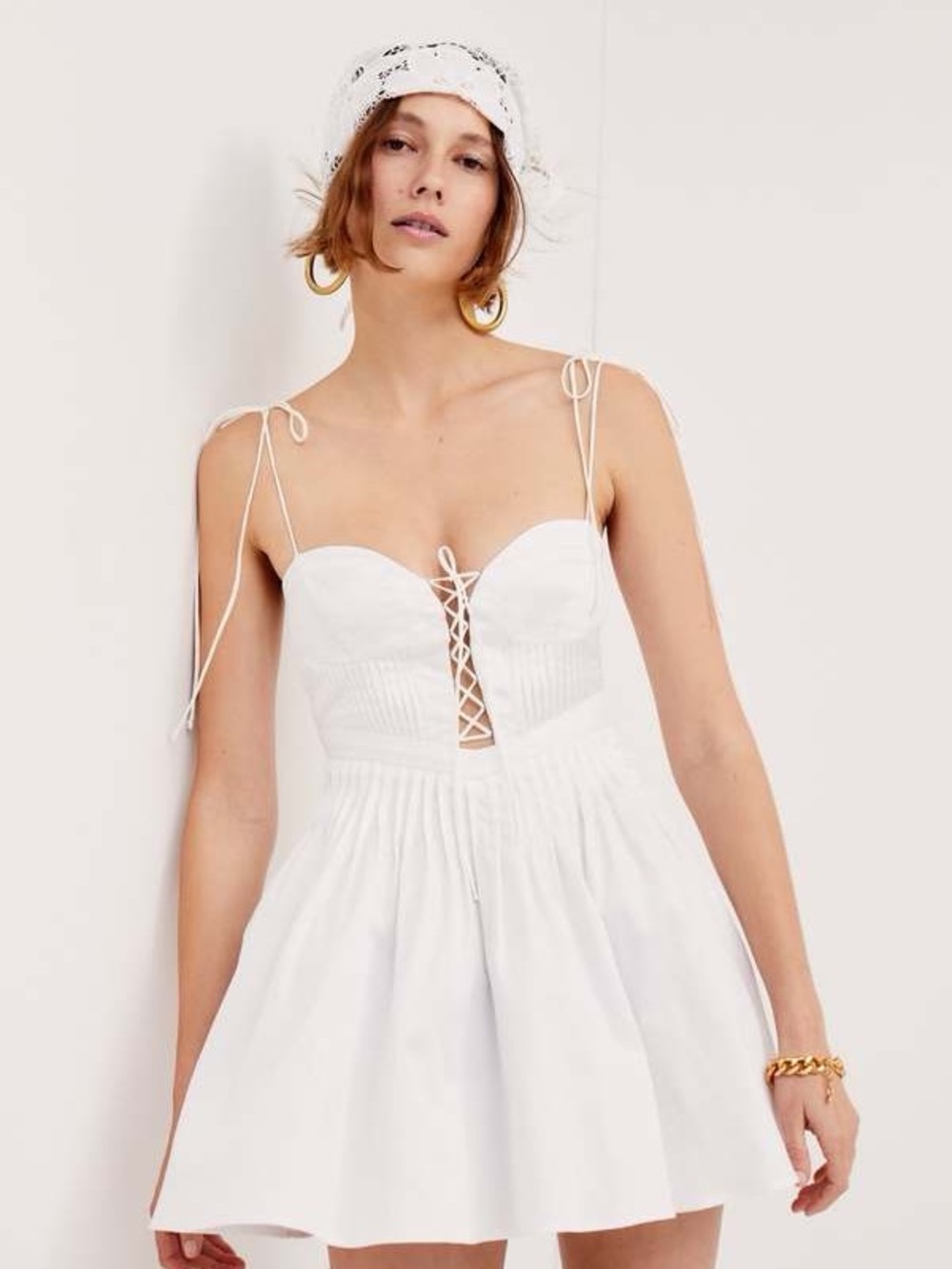 For Love & Lemons Sierra Mini Dress White Lace-Up Sundress